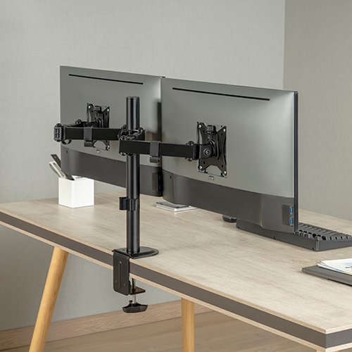 זרוע מתכווננת לשני מסכים | עד 32" | 9 ק"ג | VESA 75/100 | Clamp + Grommet | שחור מט – תמונה 2