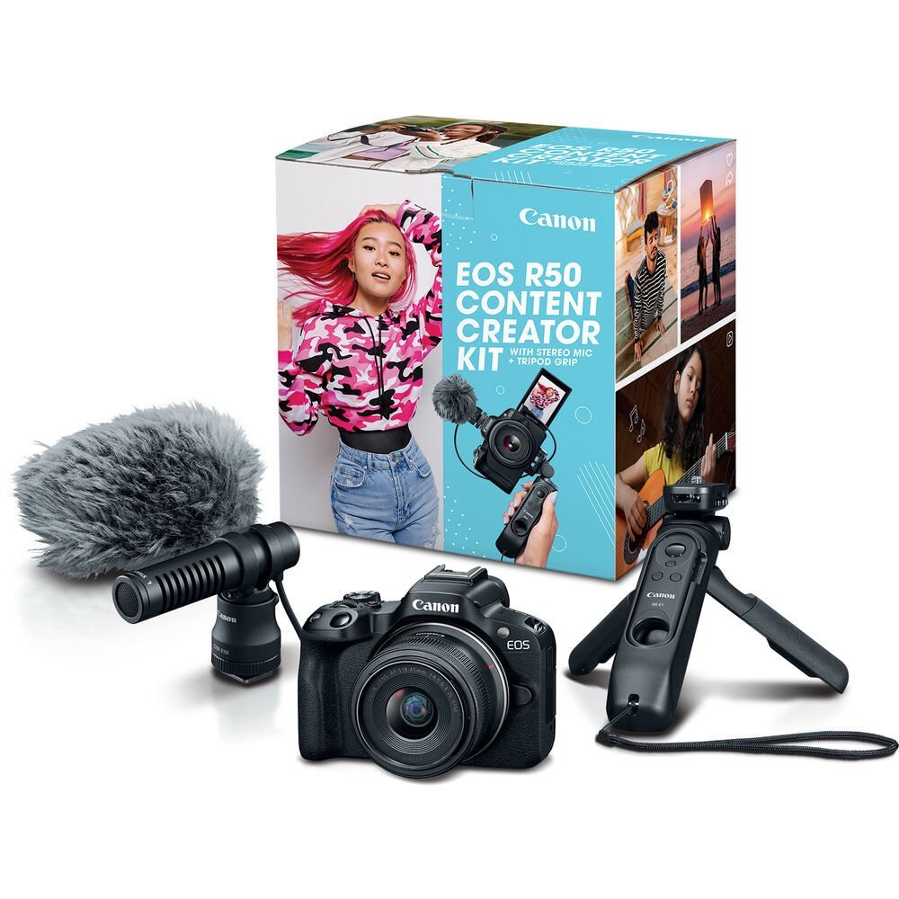 Canon EOS R50 Content Creator Kit | 24.2MP | RF-S 18-45mm | מיקרופון + חצובה | יוצרי תוכן