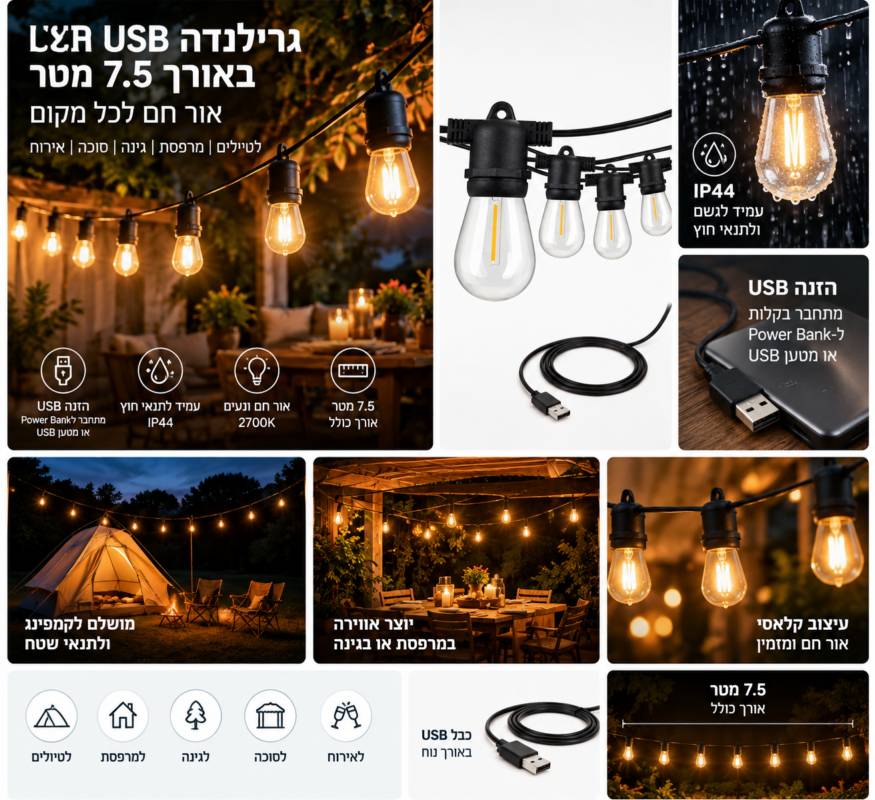 גרילנדה LED USB באורך 7.5 מטר עם נורות אור חם