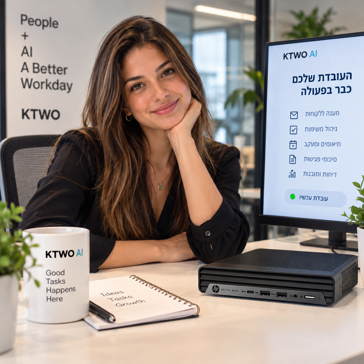עובד KTWO AI עם מחשב מוכן לעבודה